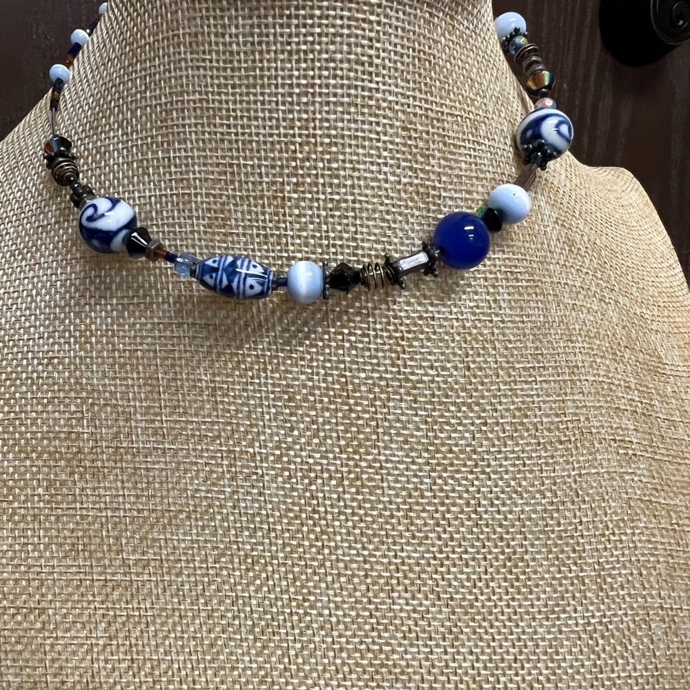 Artisanal Blue and White Beaded Necklace